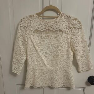 Teri Jon Ivory Floral Lace Peplum Blouse